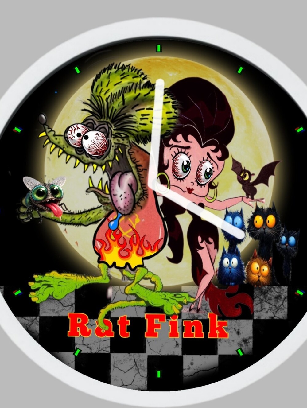 Rat Fink  And Betty Boop Graphic Wall Clock - Colorful Monster & Pin-Up Art